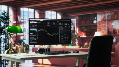 Estación de trabajo equipada con monitores financieros y un ambiente de oficina