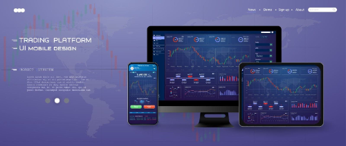 Una presentación de una plataforma de trading adaptada a múltiples dispositivos: monitor, tablet y smartphone. Mostrando gráficos de velas, mapas de calor y paneles de control