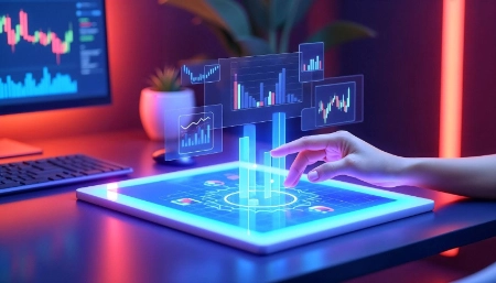 Una mano interactúa con una tableta de la que emergen hologramas de barras y gráficos financieros 3D.