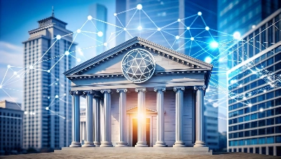banca digital y futurista, mostrando un edificio de arquitectura clásica con columnas rodeado de una red de conexiones tecnológicas brillantes.