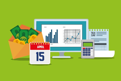 Esta ilustración vectorial presenta diversos elementos financieros sobre un fondo verde, destacando un calendario con la fecha "15 de abril" junto a un monitor que muestra gráficos de barras y de líneas.