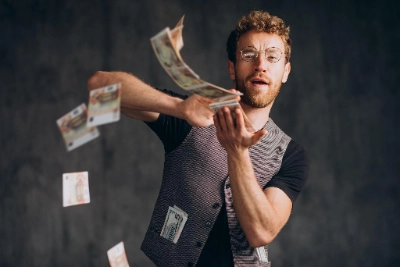 Un hombre con gafas y chaleco lanza billetes al aire con una expresión de asombro y entusiasmo.