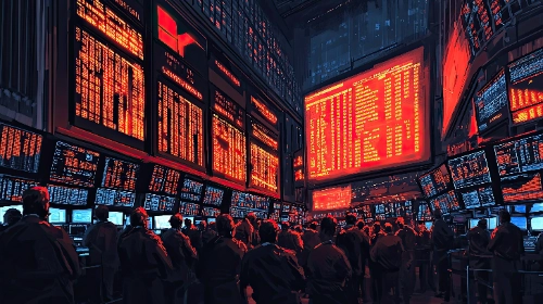 se muestra el piso de una bolsa de valores lleno de operadores de espaldas observando con tensión grandes pantallas electrónicas que parpadean con datos en un intenso color rojo, reflejando una caída repentina de los precios del mercado.