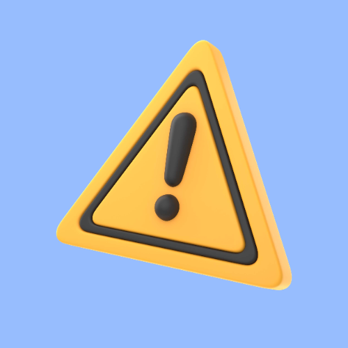 se muestra un icono tridimensional de una señal de advertencia triangular de color amarillo con un signo de exclamación negro en el centro, sobre un fondo azul claro.