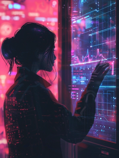 Silueta de perfil de una mujer interactuando con una pantalla vertical táctil repleta de datos analíticos bajo luces de neón rosa y azul.