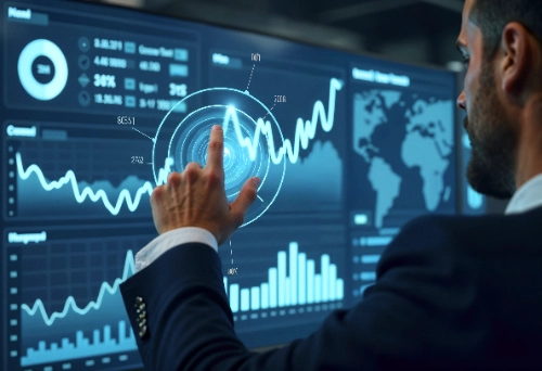 un hombre con traje toca una gran pantalla digital azul que despliega múltiples gráficos financieros, métricas y un mapa mundial de fondo.