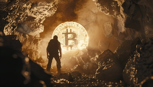 La silueta de un explorador observa con asombro un enorme símbolo de Bitcoin brillante al final de una cueva rocosa.