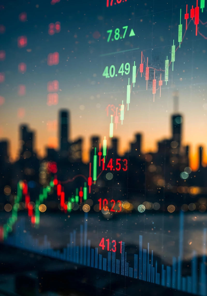 Gráfico de velas del mercado bursátil con el horizonte de una ciudad al atardecer, representando el S&P 500 en máximos históricos