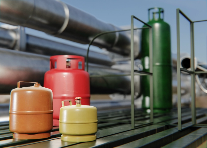 Bombonas y tanques de gas de diversos colores e industrias ubicados frente a tuberías metálicas en una planta industrial.