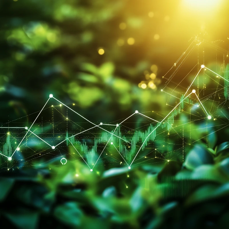 Un gráfico de datos digitales verde con líneas de tendencia luminosas superpuesto sobre un fondo de follaje verde y luz solar cálida.