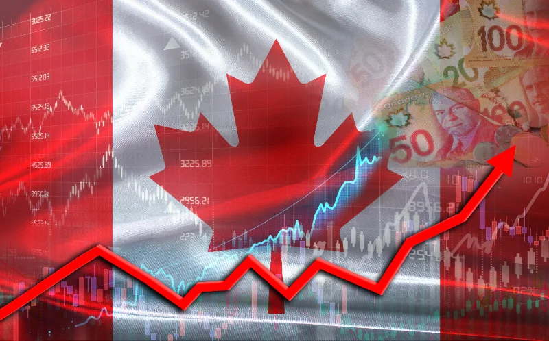 Bandera de Canadá superpuesta con gráficos bursátiles, billetes de dólares canadienses y una flecha roja en tendencia ascendente.